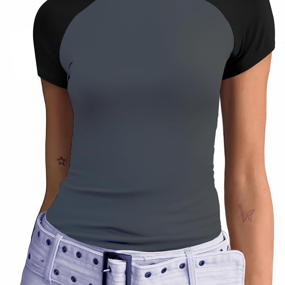 Trendy Baby Tees for Women Y2K Short Sleeve Top Small Gray Black